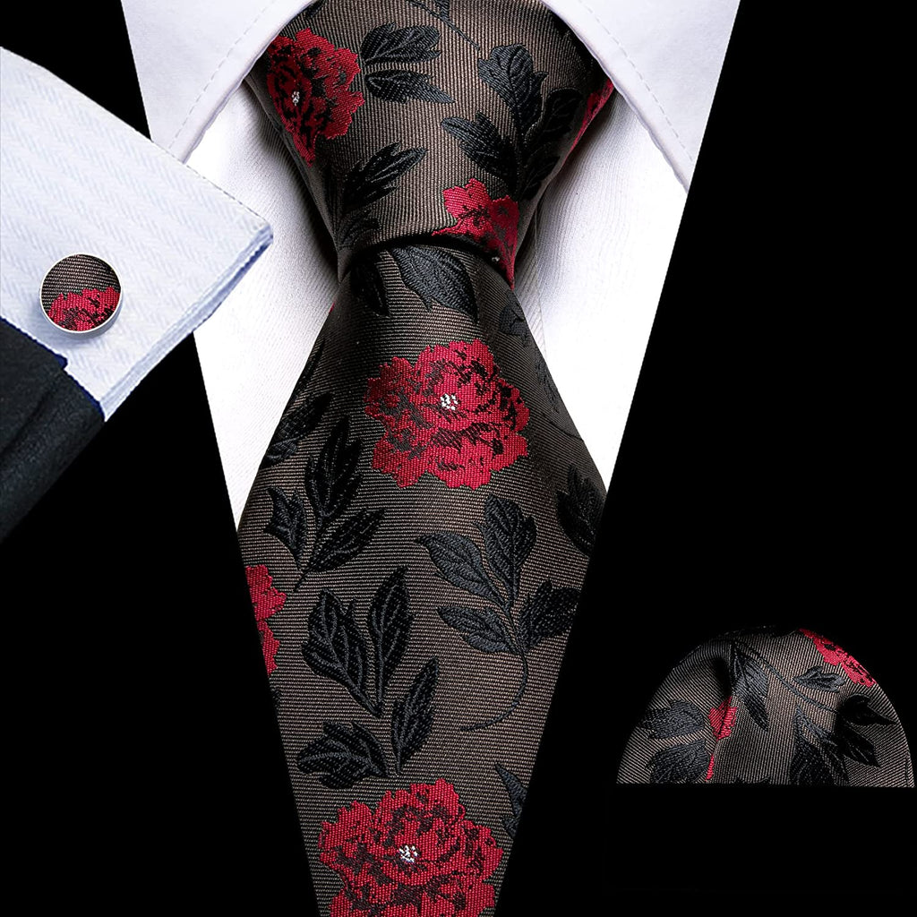 Black and Red Flower Necktie Set-LBWY1160