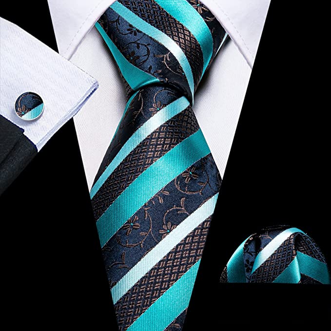 Turquoise Brown Blue Stripe Necktie Set-LBWY1261