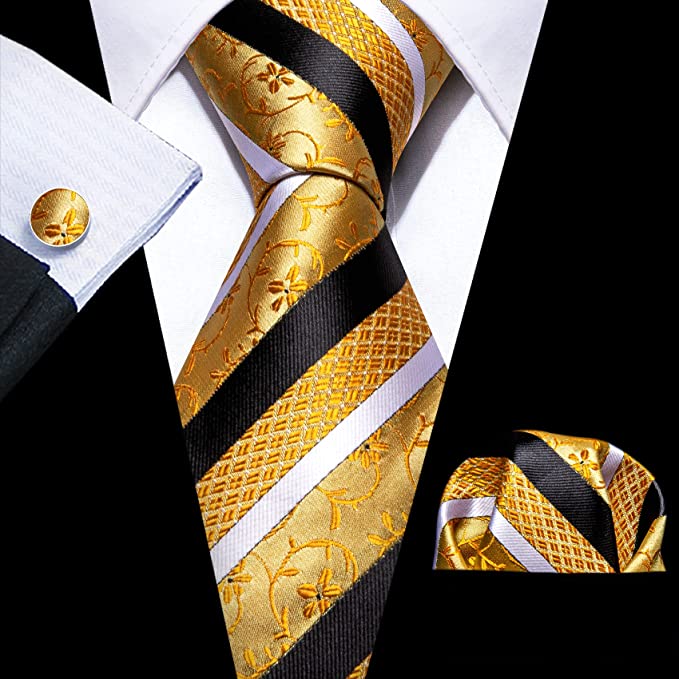 Gold Black White Stripe Floral Necktie Set-LBWY1264