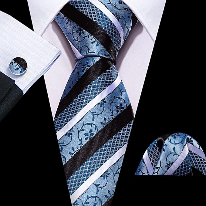 Blue Black White Stripe Necktie Set-LBWY1274