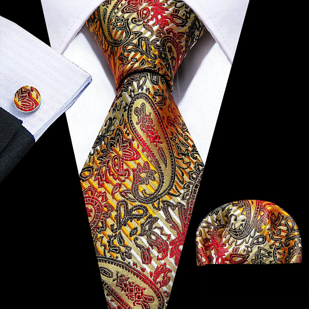 Gold Red Black Paisley Necktie Set-LBWY1286