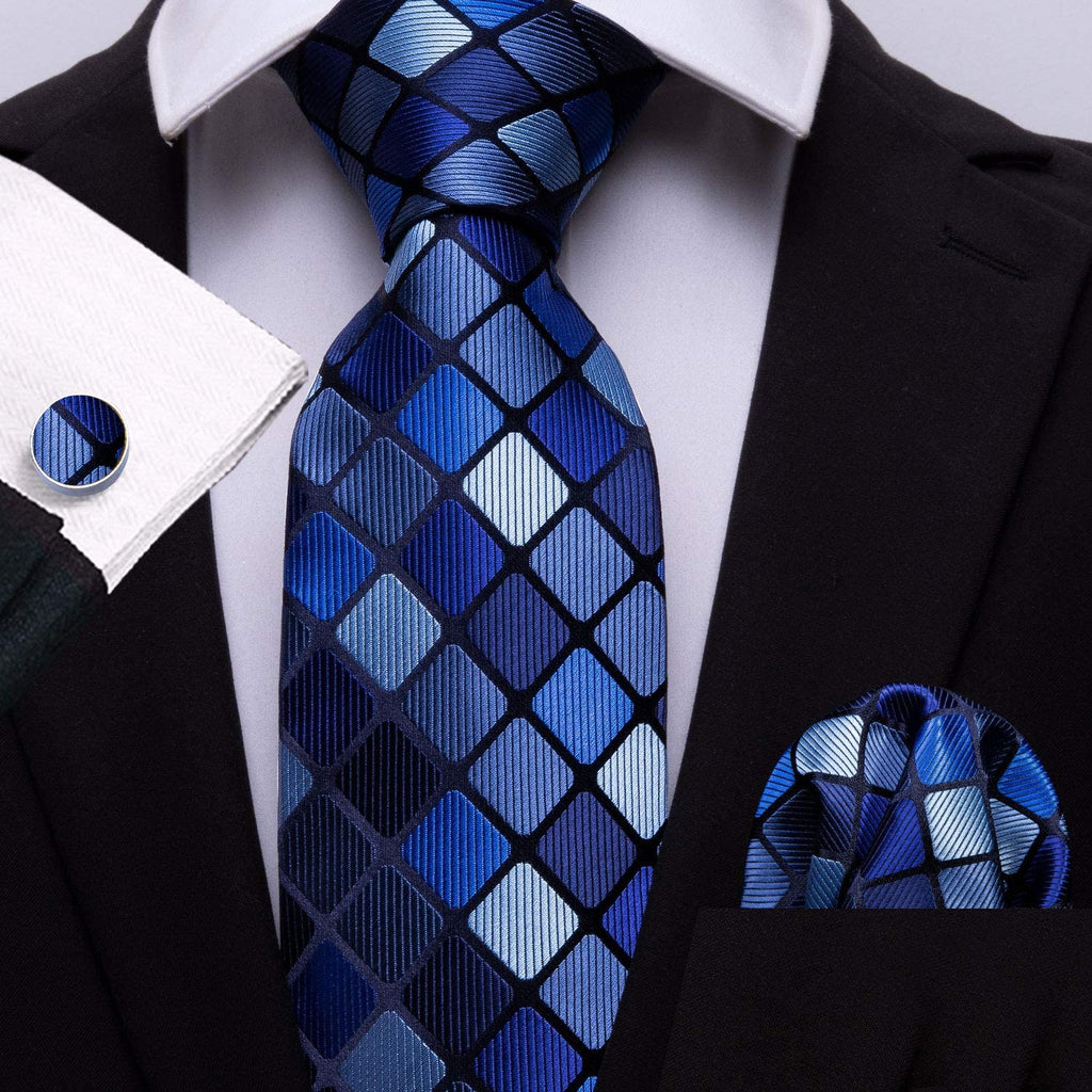 Blue Check Silk Necktie Set-LBWY1288