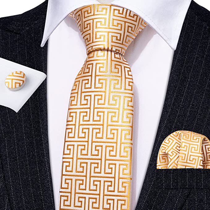 Gold and Beige Greek Key Silk Necktie Set-LBWY773