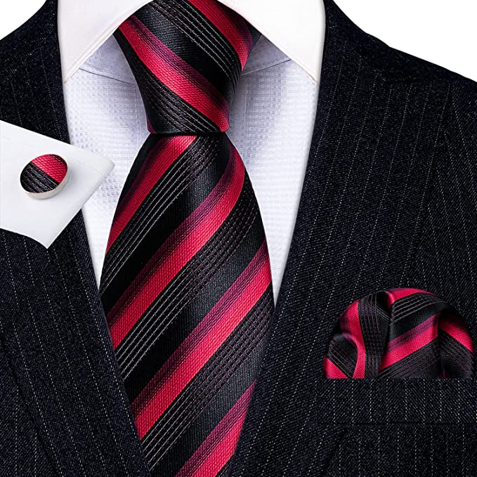Black and Red Stripe Silk Necktie Set-LBWY775