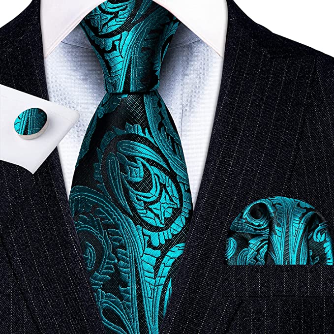 Teal  and Black Paisley Necktie Set-LBWY776