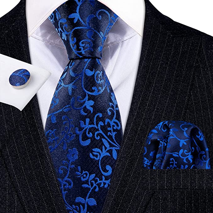 Blue Floral Silk Necktie Set-LBWY792