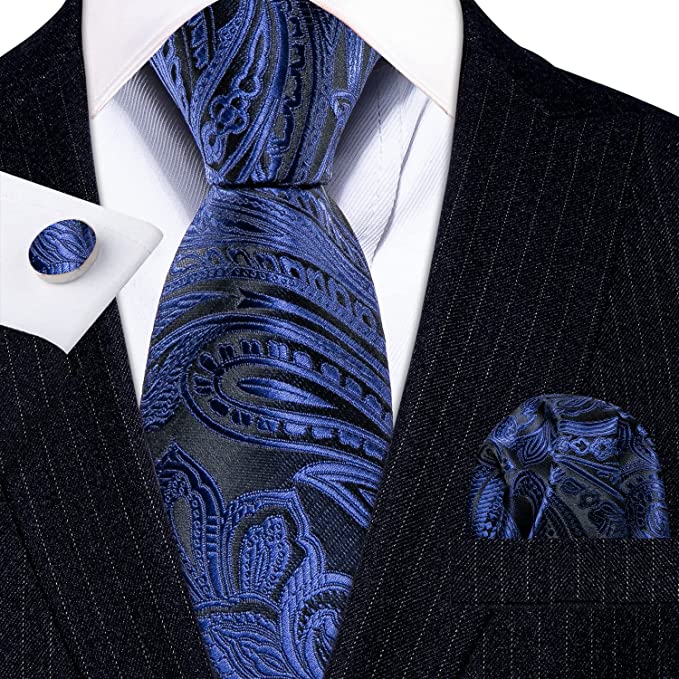 Dark Blue Paisley Silk Necktie Set-LBWY811