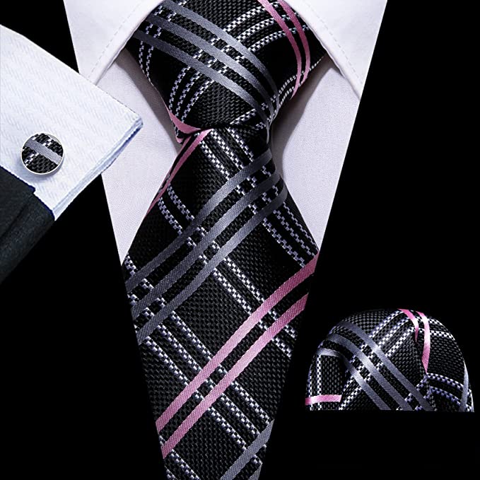New Black Grey Pink Necktie Set-LBWY887