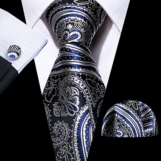 Black Blue Silver Paisley Necktie Set-LBWY956