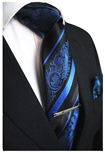 Blue and Black Striped Paisley Necktie Set MGN270